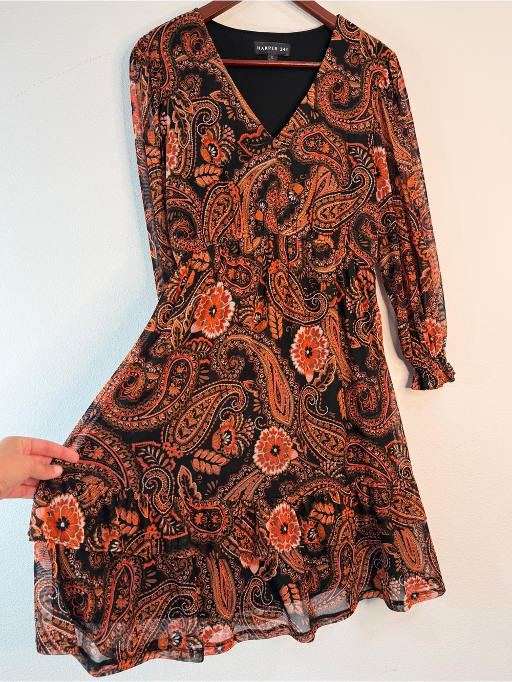 Harper 241 Boho Paisley Print Mini Dress Burnt Orange‎ Black Tiered Ruffle Large